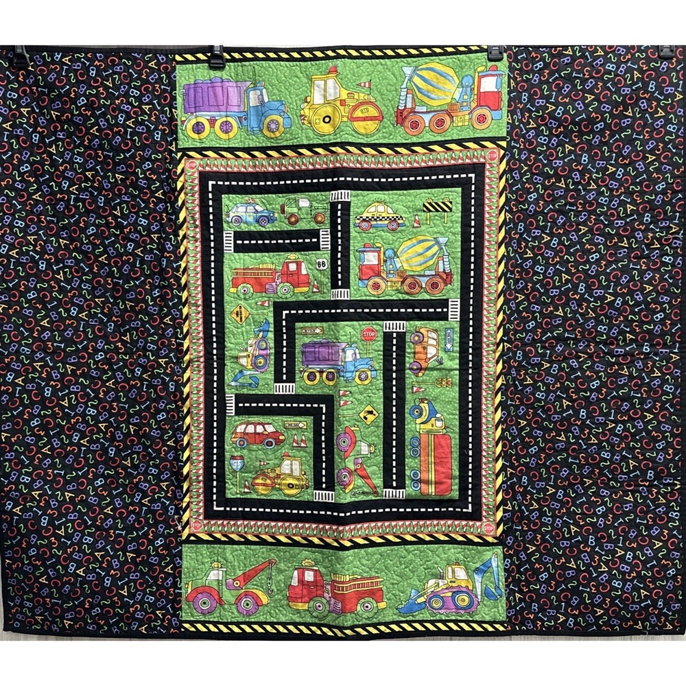 Boys Quilt Handmade Blanket Construction Roads Vehicles ABC 45x39" Confetti Back